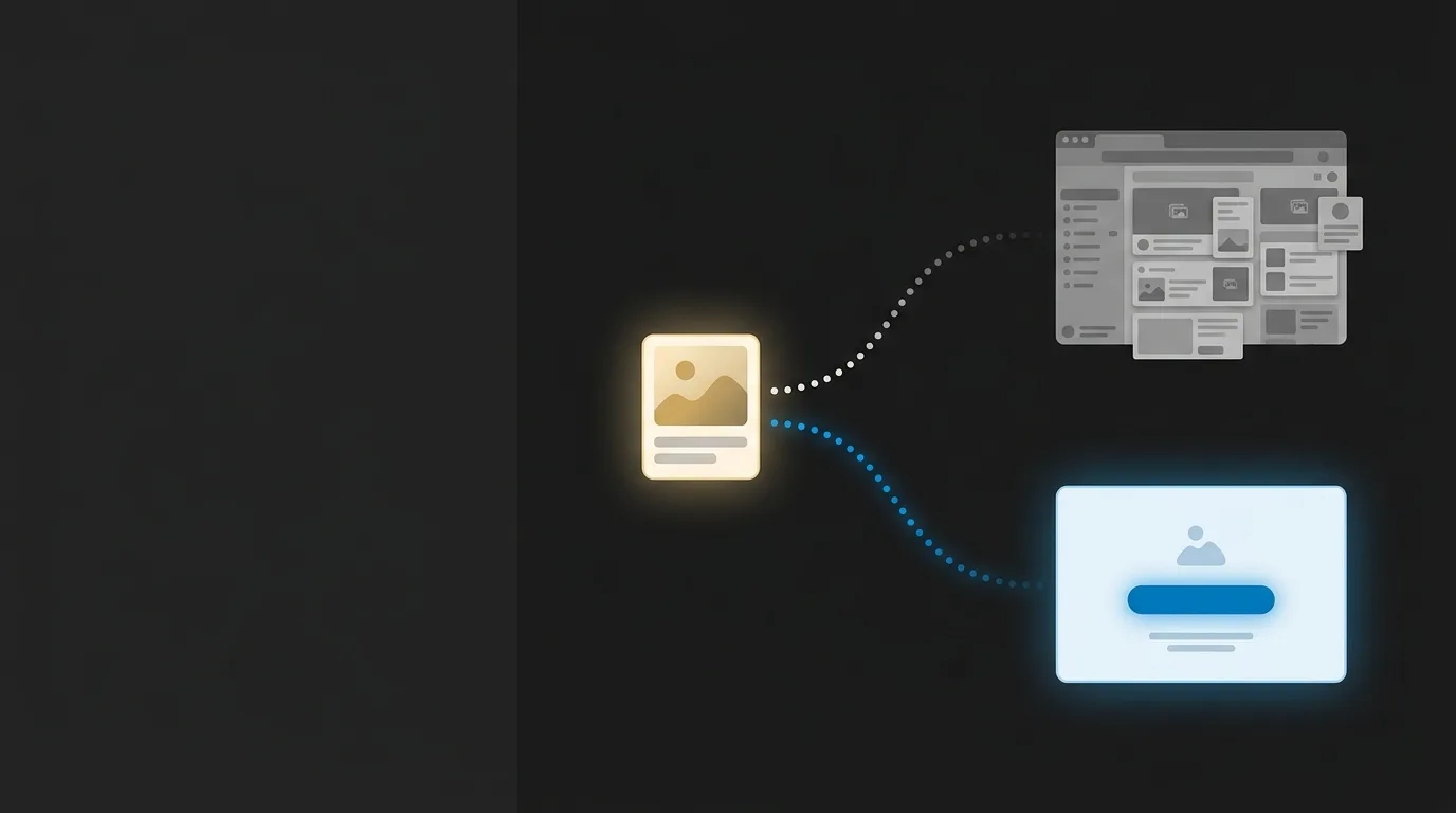 Illustration of two paths from one ad: a click landing on a busy homepage full of choices, and a click landing on a single focused landing page