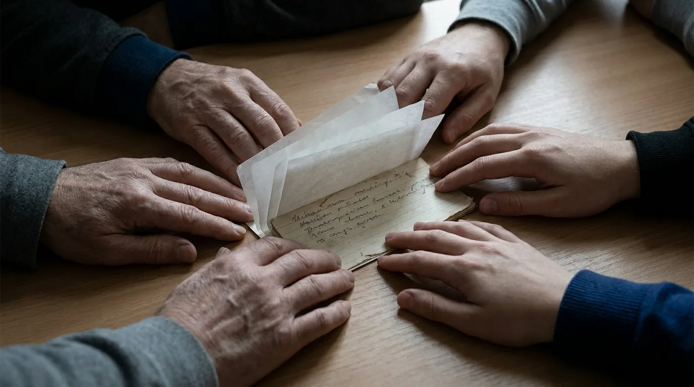 An editorial still-life of several hands reaching toward the same paper contact record on a desk, evoking a single lead being shared among multiple contractors.
