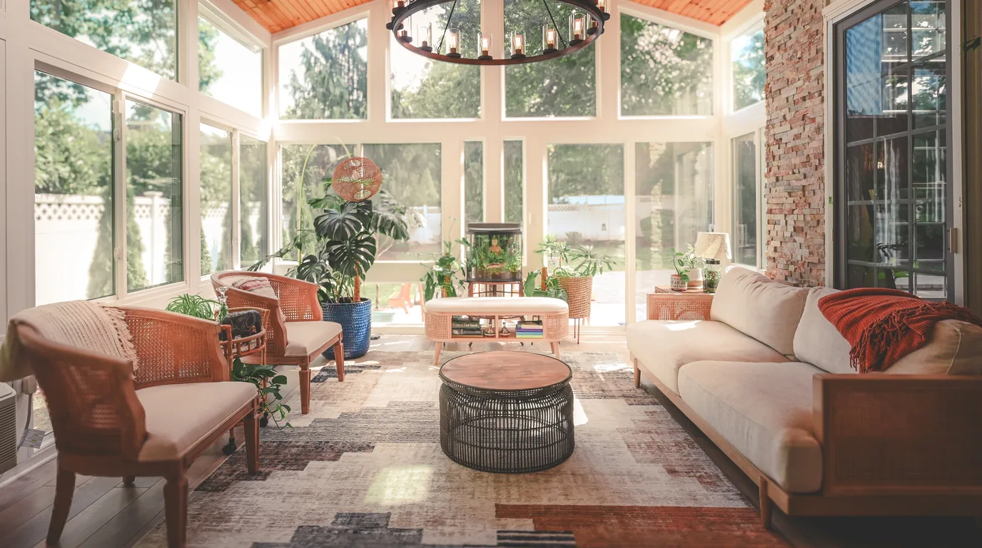 A furnished four-season sunroom interior with a warm timber ceiling and glass on three sides, the kind of room a homeowner uses in every season.