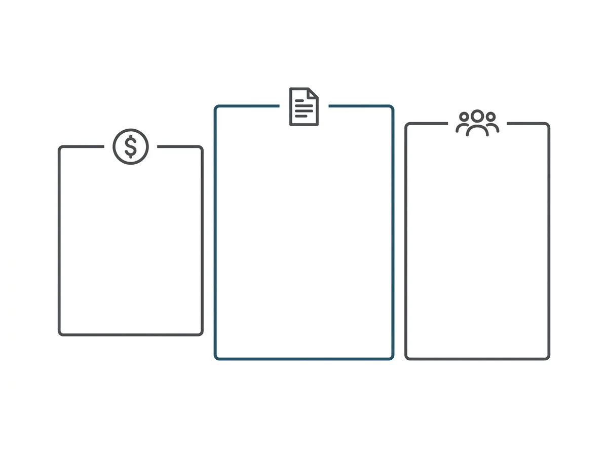 A clean minimal illustration of three cost comparison tiles in charcoal line art with one blue-accented tile, evoking an operator's cost sheet.