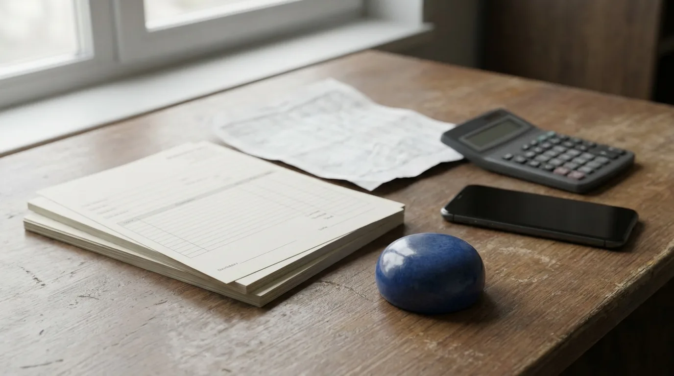 An editorial still-life of a stack of blank invoices, a calculator, and a phone on a wood desk, in restrained charcoal and neutral tones with a single blue accent object.