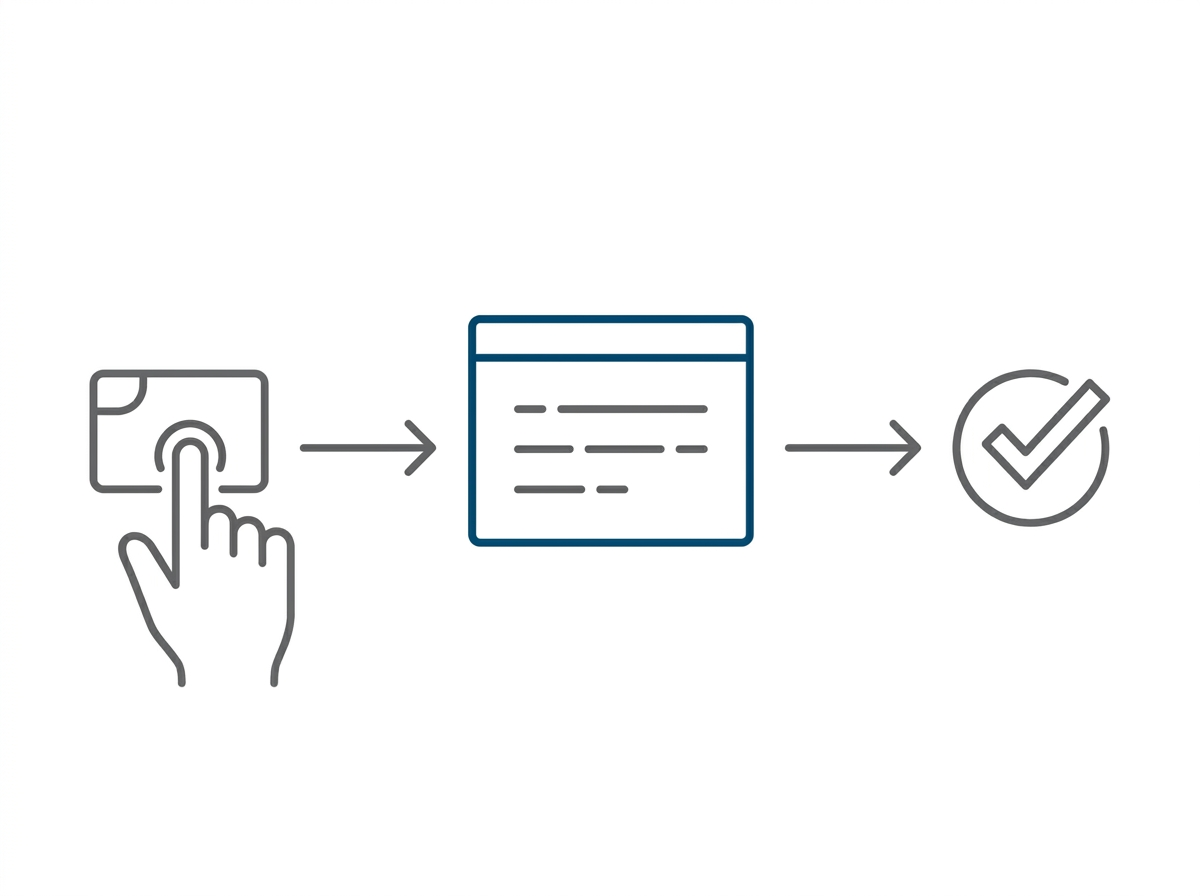 A clean diagram of the prefilled Facebook lead-form flow showing three connected steps: tap ad, form opens pre-populated, one-tap submit, in charcoal line art with a single blue accent.