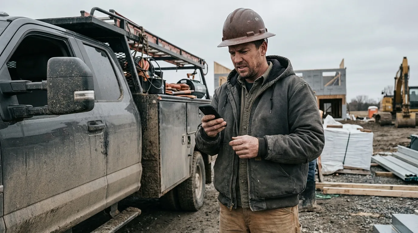 A contractor standing beside his work truck at a job site, looking at his phone with a frustrated missed-call expression under overcast daylight.