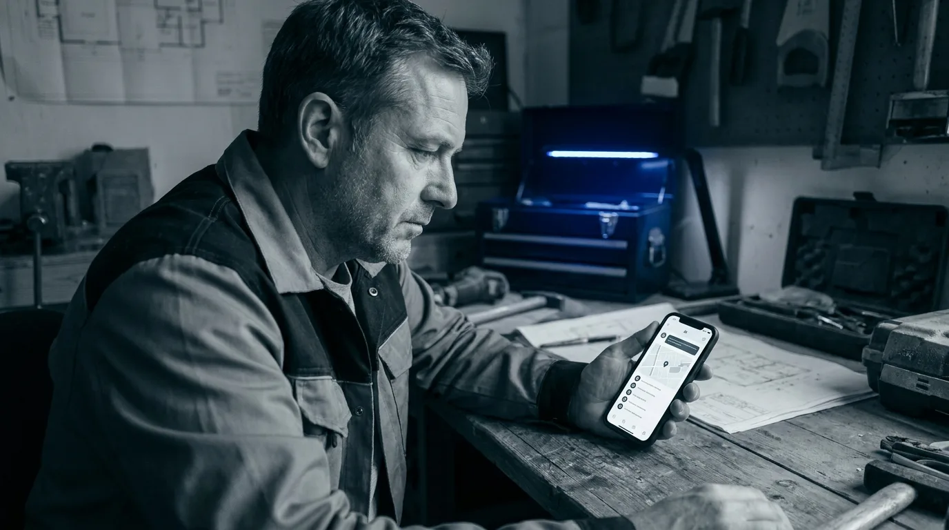A contractor at his workshop desk studying an AI chat interface on his phone, restrained charcoal-toned documentary photography with a single blue accent light.