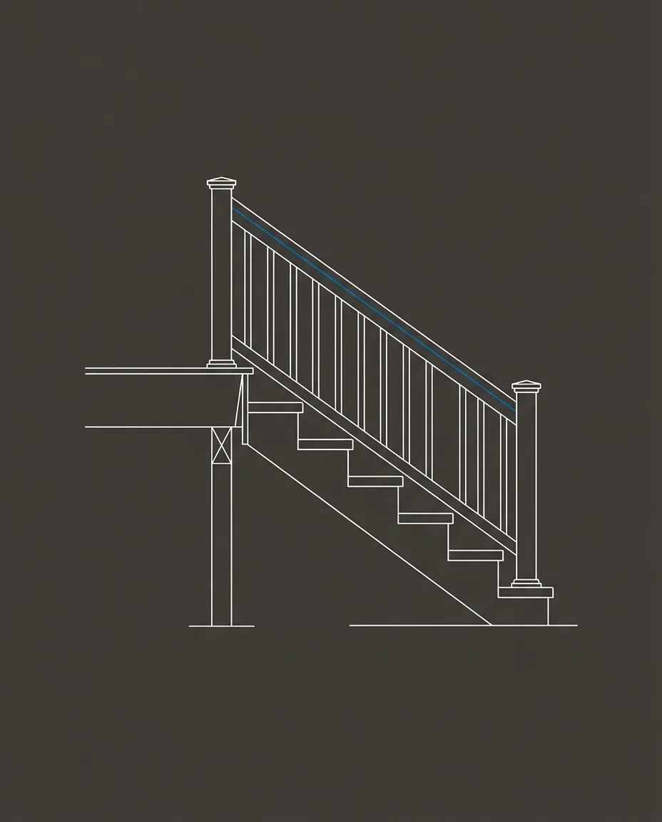 Stylized architectural line-art placeholder graphic of a deck stair and railing detail, different angle - not a real photo. Bear Creek Outdoor Living’s real project photography is pending delivery from the client.