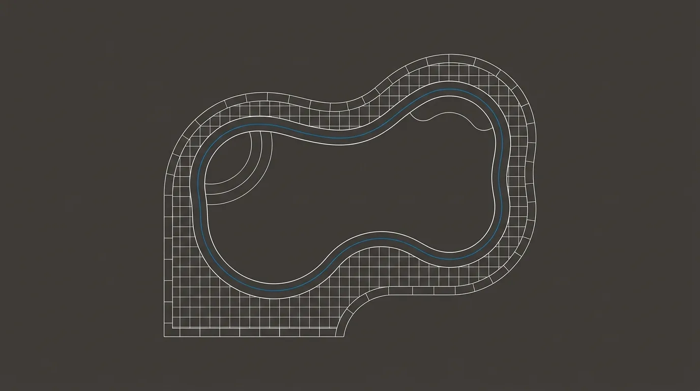 Stylized architectural line-art placeholder graphic of a renovated pool and paver deck - not a real photo. Deluxe Pool Services’ real project photography is pending delivery from the client.