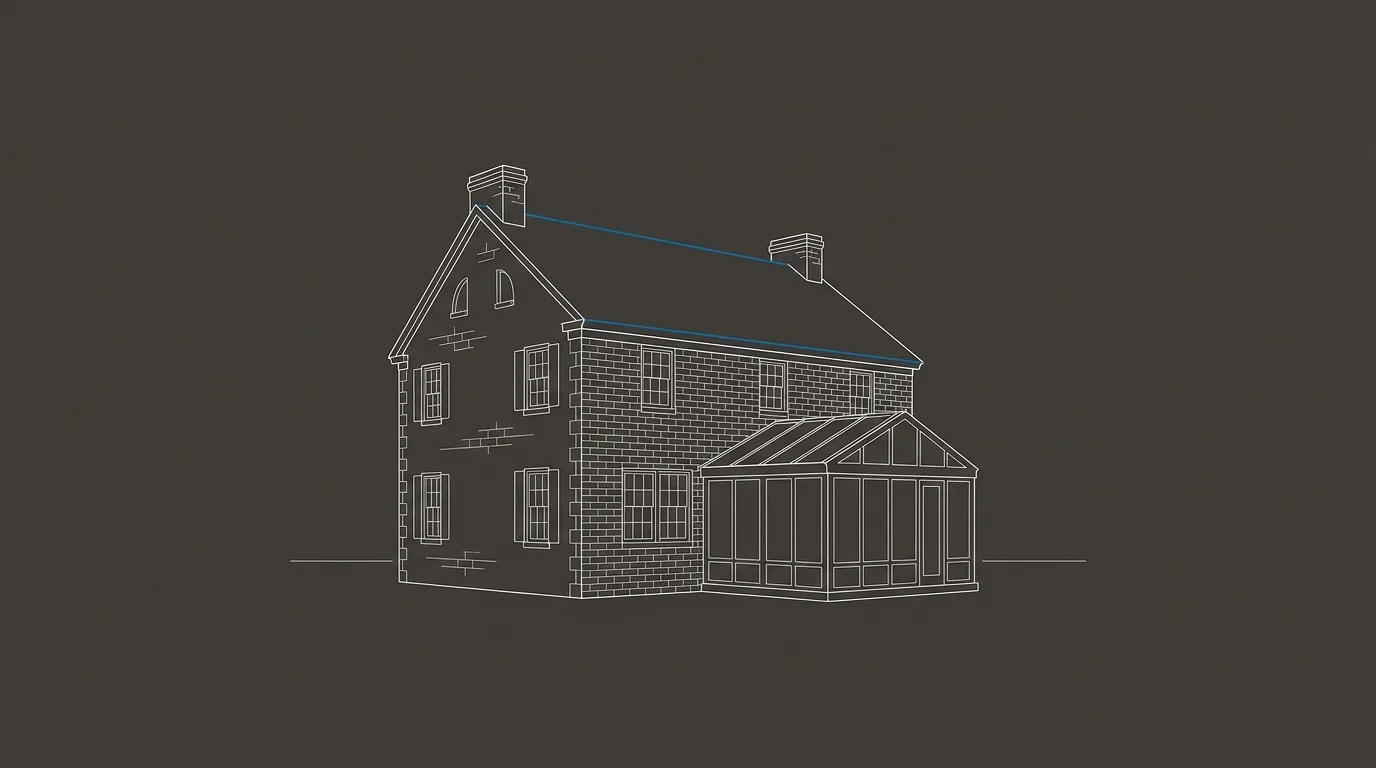 Stylized architectural line-art placeholder graphic of a sunroom addition on a brick colonial home - not a real photo. Integrity Home Pro’s real project photography is pending delivery from the client.