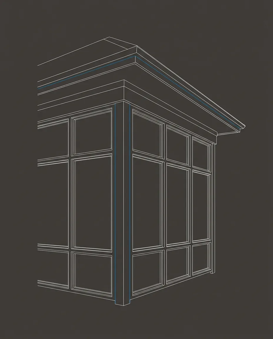 Stylized architectural line-art placeholder graphic of a sunroom exterior detail, different angle - not a real photo. NJ Sunroom Additions’ real project photography is pending delivery from the client.
