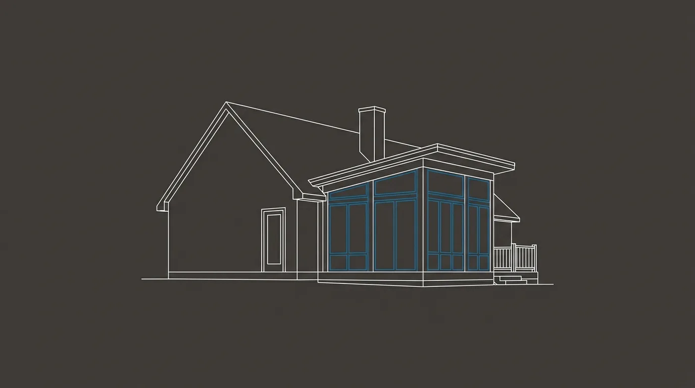 Stylized architectural line-art placeholder graphic of a New Jersey sunroom addition - not a real photo. NJ Sunroom Additions’ real project photography is pending delivery from the client.