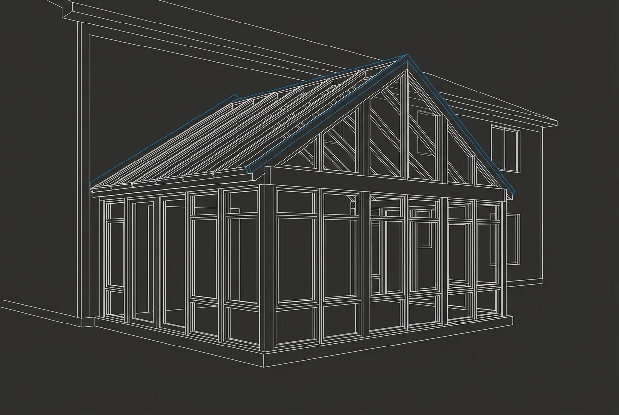 Line-art render of a gable-roof sunroom addition on a house, exterior three-quarter view