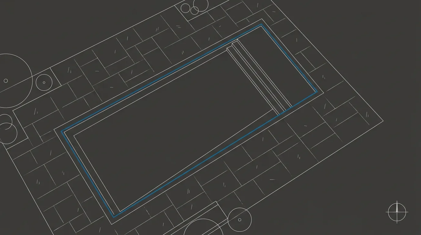 Stylized architectural line-art placeholder graphic of an in-ground pool and stone patio - not a real photo. Probuilt Pool & Patio’s real project photography is pending delivery from the client.