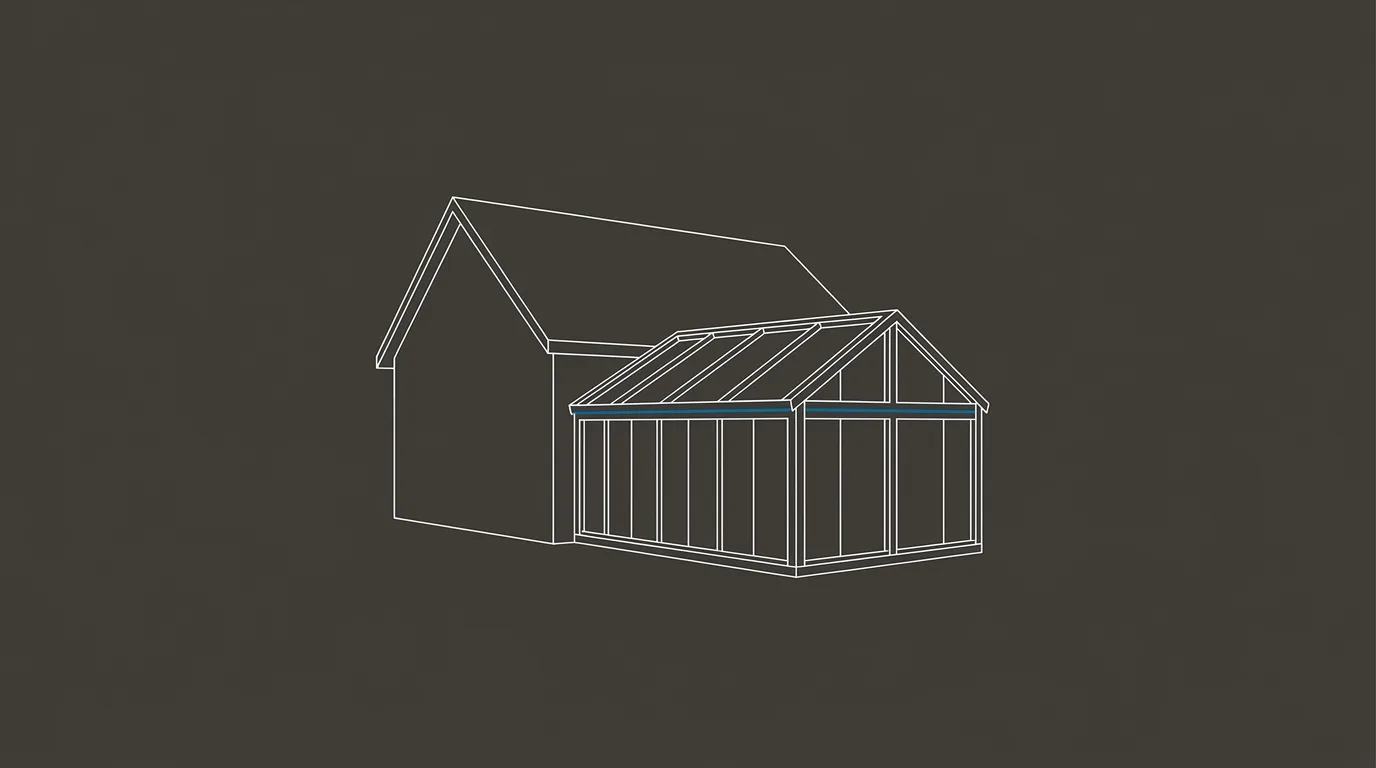 Stylized architectural line-art placeholder graphic of a Virginia sunroom addition - not a real photo. Sleepy Creek Sunrooms’ real project photography is pending delivery from the client.