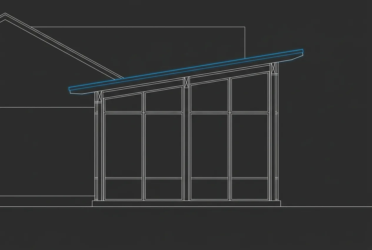 Line-art render of a straight-eave sunroom addition, exterior side view