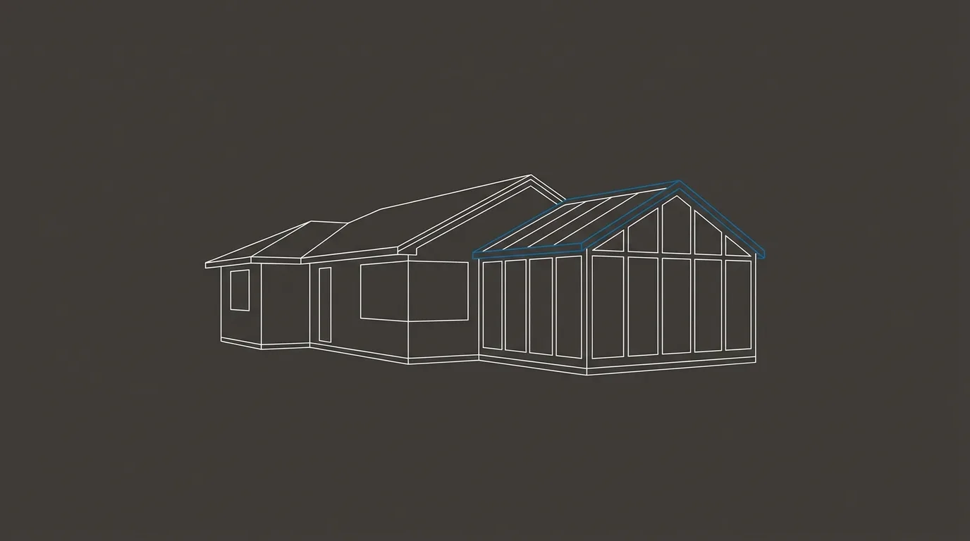 Stylized architectural line-art placeholder graphic of a Long Island sunroom addition - not a real photo. Sunview Enterprises’ real project photography is pending delivery from the client.