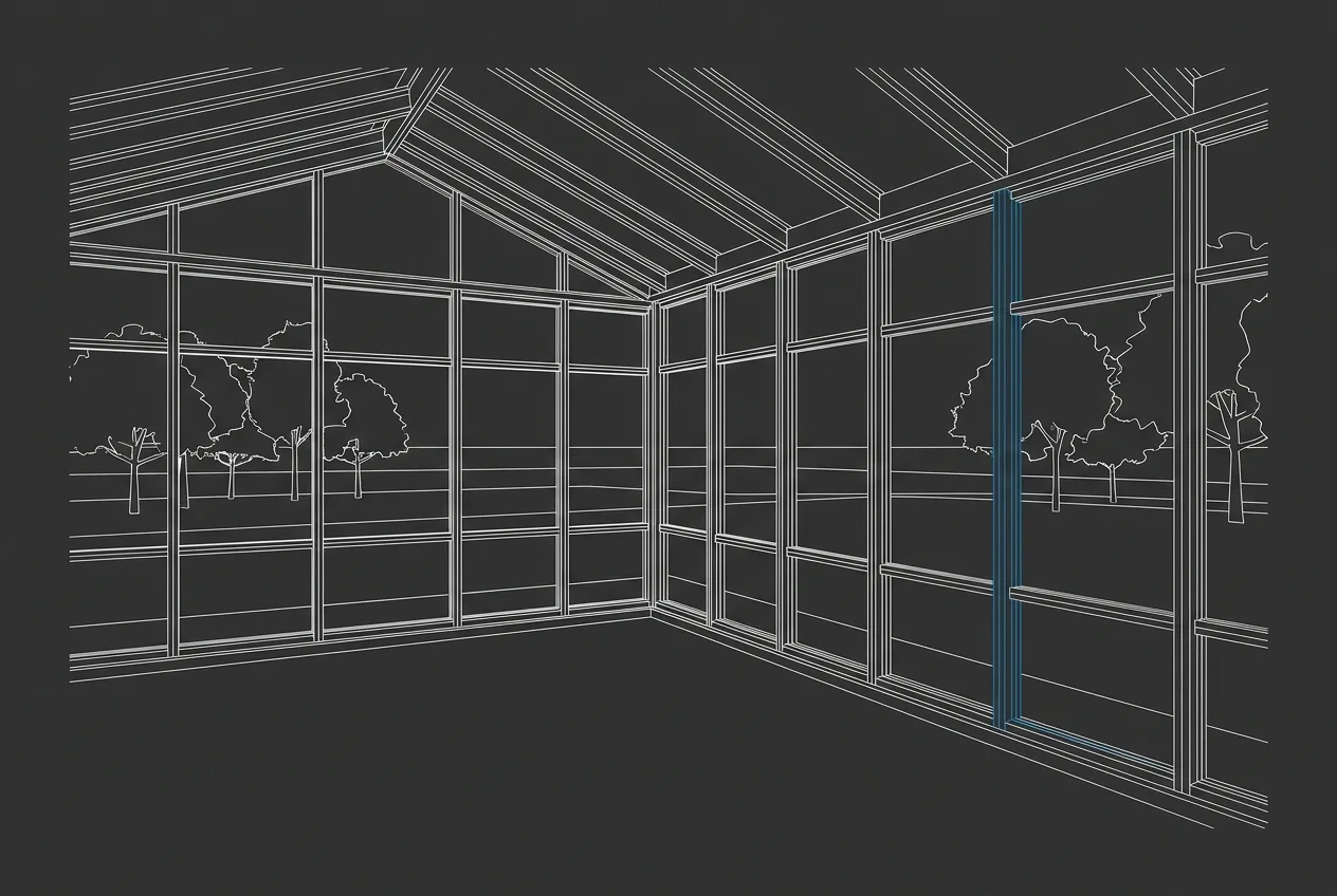 Line-art render of a sunroom interior looking out through floor-to-ceiling glass walls