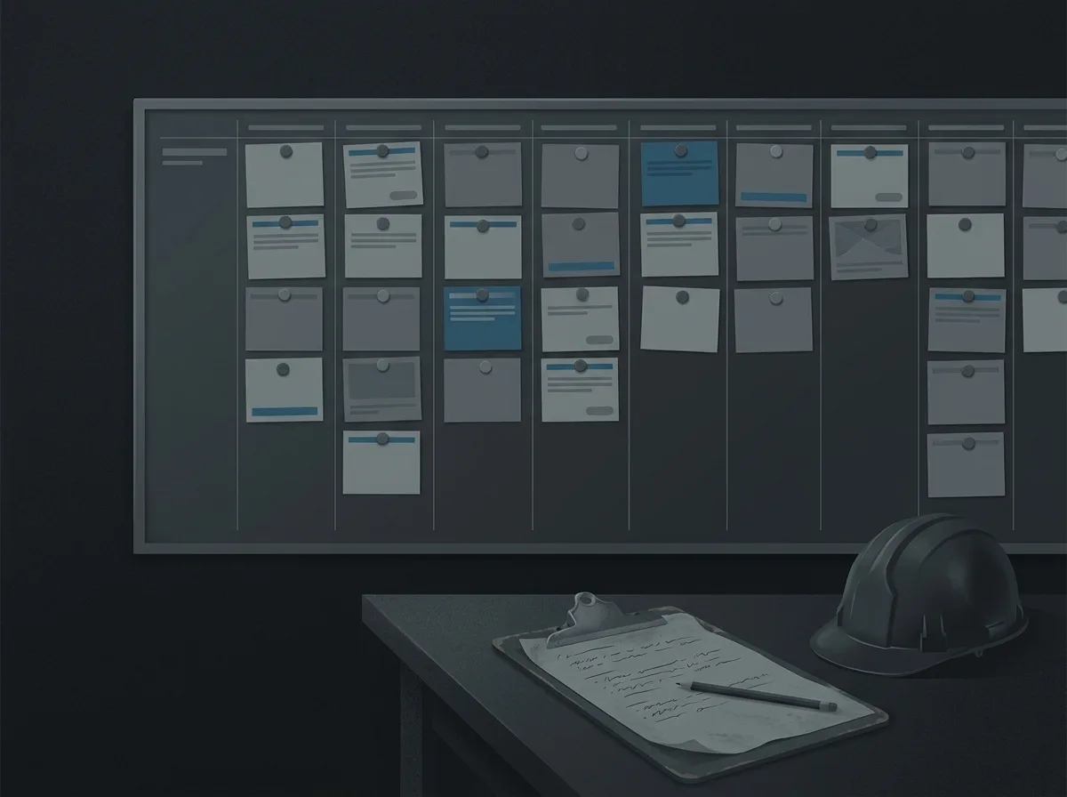 Illustration of a project schedule board and jobsite notes, the operator context the advice is drawn from