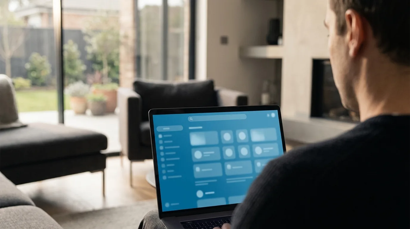 Over-the-shoulder view of a homeowner researching an outdoor living project on a laptop at home