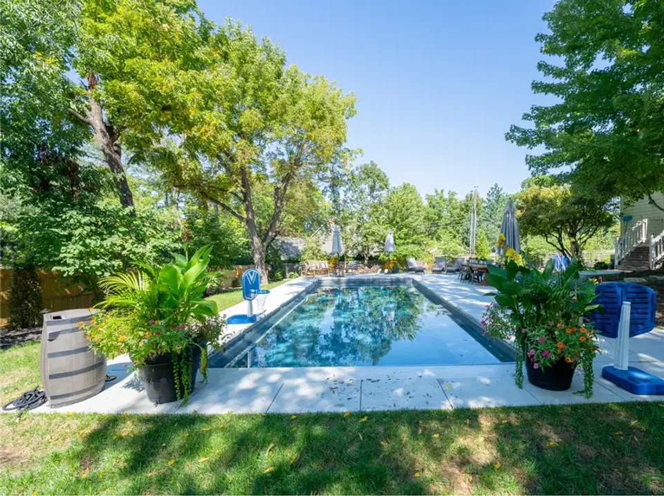 A rectangular inground pool running the length of a landscaped backyard in full daylight