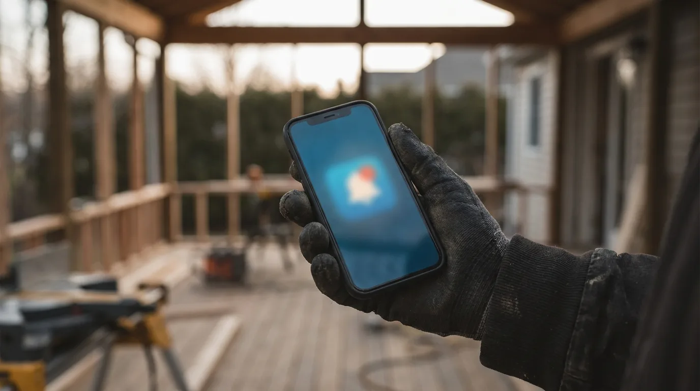 A contractor holding a phone with an incoming lead notification on a sunroom jobsite at dawn