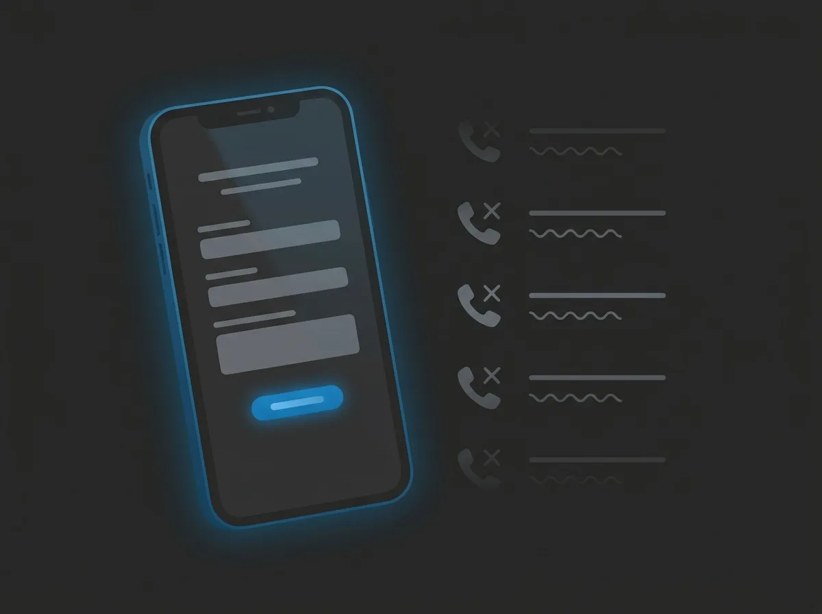 Illustration of a phone showing a lead form prefilled with stale contact details, calls going unanswered