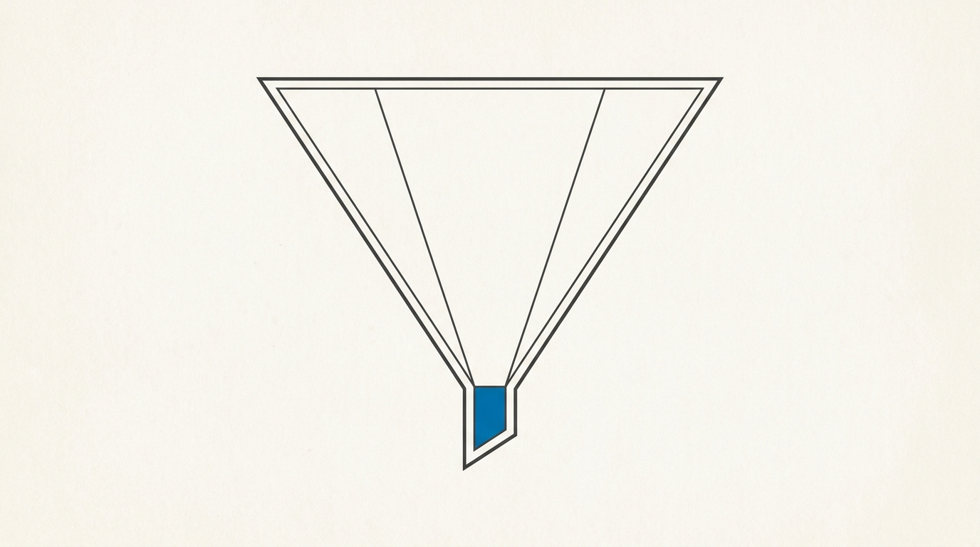 A minimal blueprint-style funnel diagram narrowing from broad volume at the top to a qualified blue point at the bottom