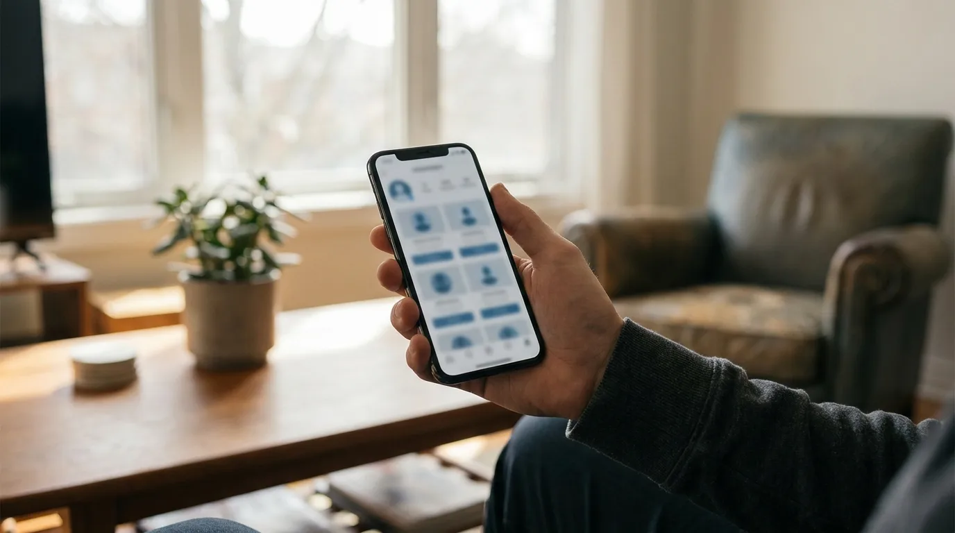 A homeowner viewing a contractor’s professional social media profile on a phone at home