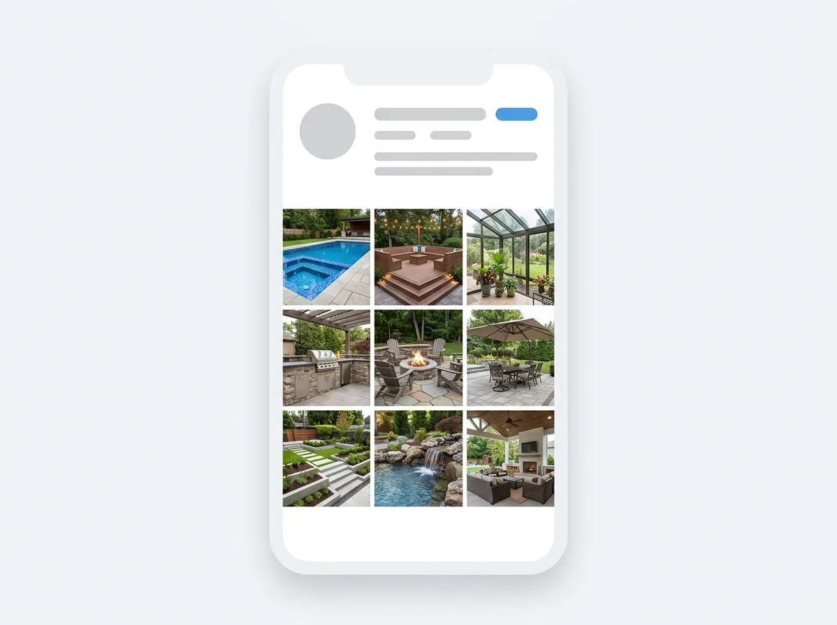 Illustration of a contractor profile grid filled with recent project posts, the kind of feed that survives a homeowner’s vetting tap