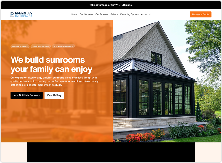 Homepage of the Design Pro Exteriors website, a live outdoor-living contractor site designed and built by Atlantic Media Company