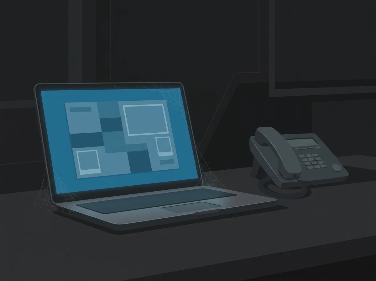 Illustration of a polished but static brochure-style website on a laptop, with no inquiries coming in