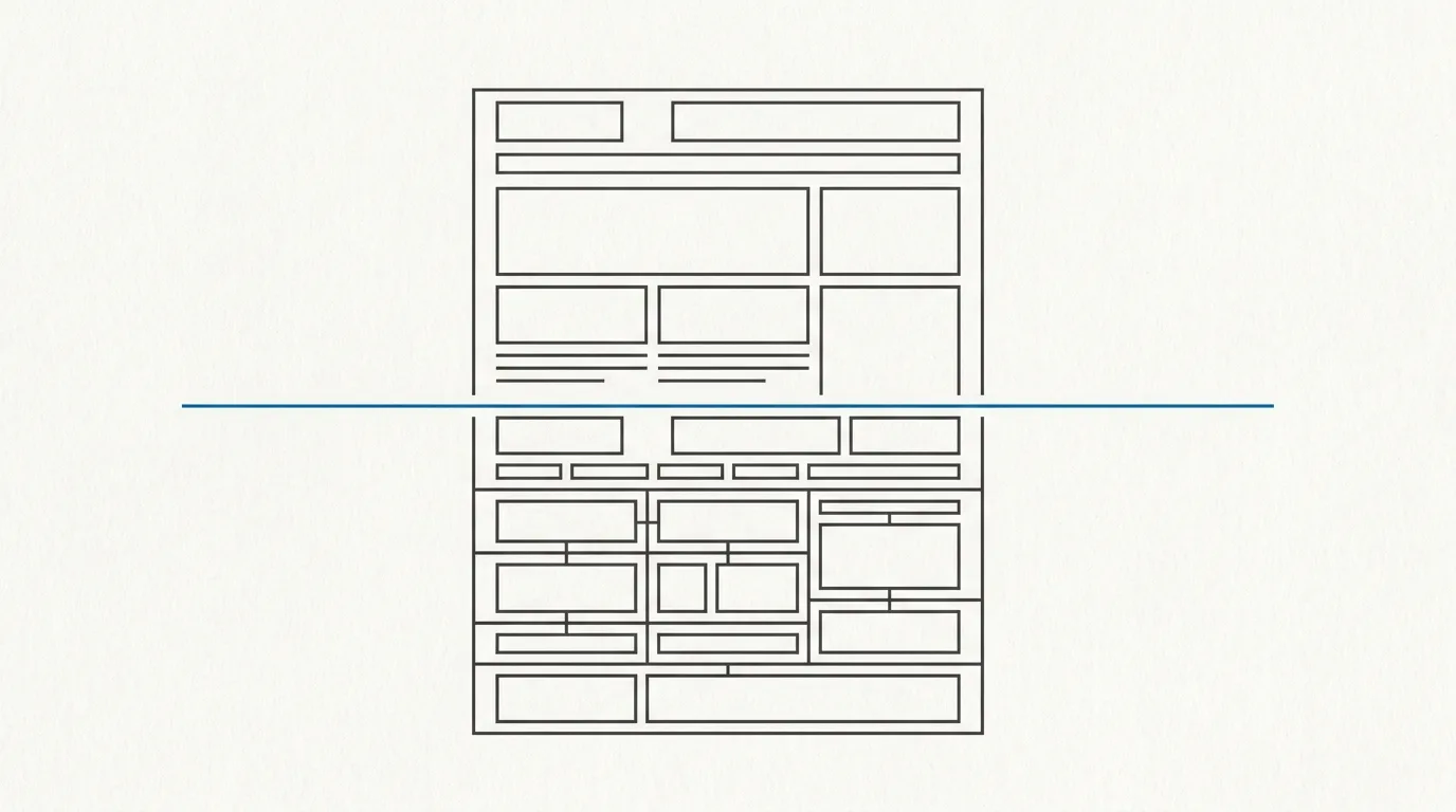 A minimal blueprint diagram of structured grid layout beneath a rendered webpage