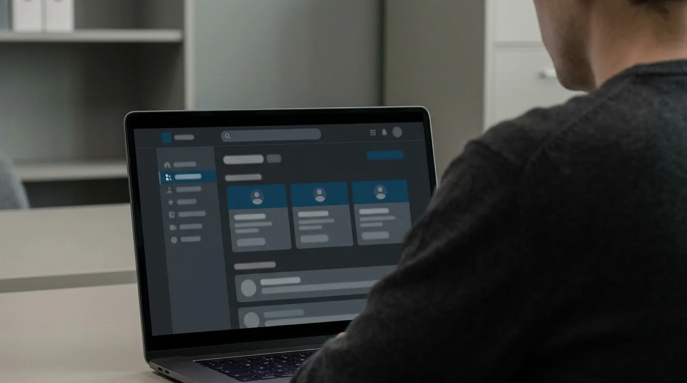 Over-the-shoulder view of a search results interface on a laptop screen