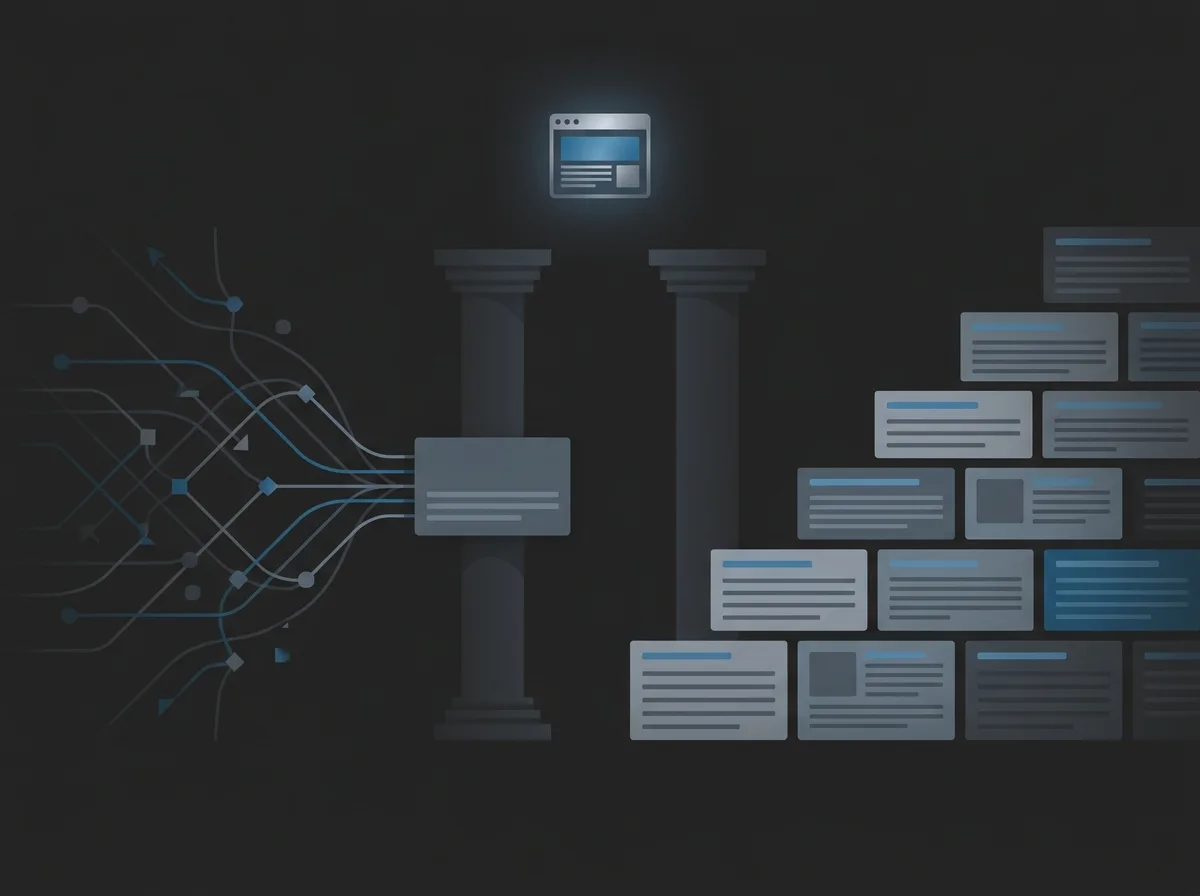 Illustration of the two pillars of SEO: a network of backlinks feeding a site and a growing stack of indexed articles