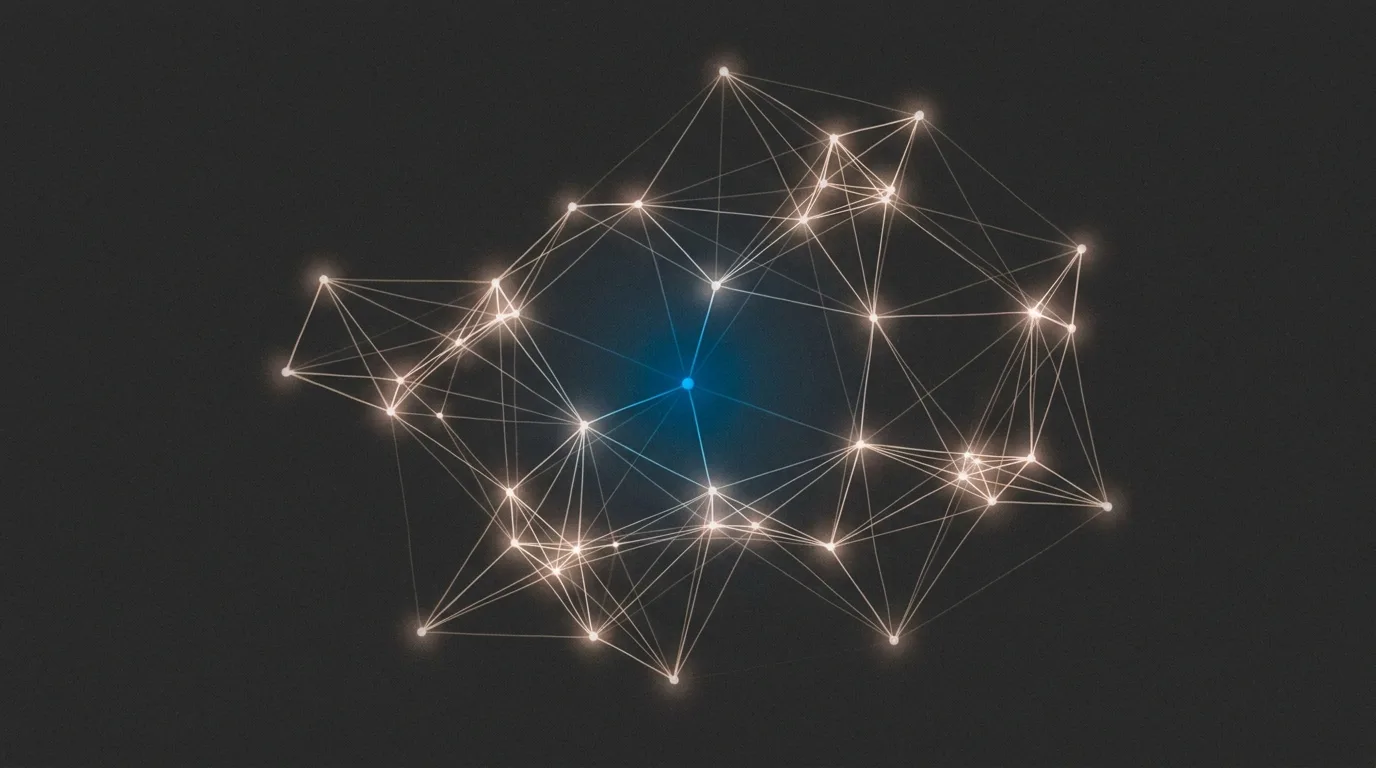 An abstract glowing network of connected nodes representing an AI reading indexed knowledge
